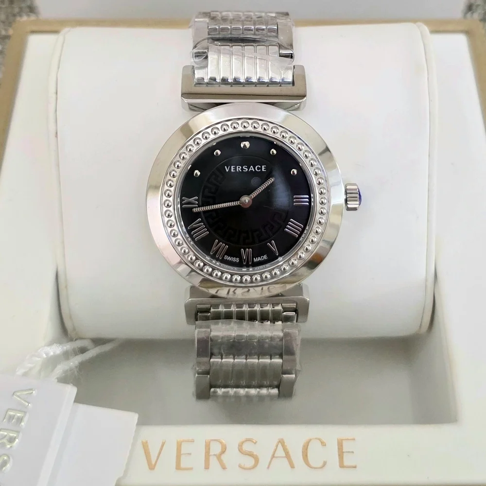 NEW Versace Swiss Made Stainless Black Dial Silver Bracelet Women's Wristwatch